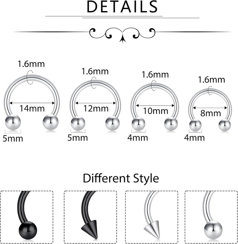 D.Bella 16G 14G Horseshoe Rings Surgical Steel Nose Septum Horseshoe Hoop Earring Eyebrow Tragus Lip Rings Daith Helix Piercing Jewelry for Women Men 6-12mm Smily Piercing Jewelry - Image 3
